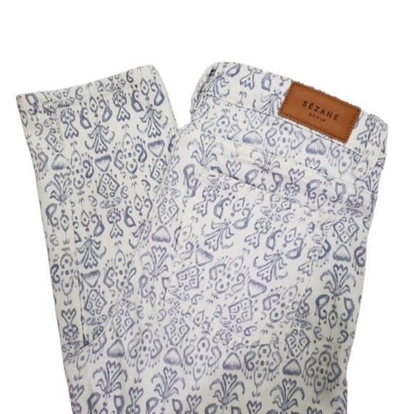Sezane Reva Skinny‎ Jeans Ethnique Print 26 Ivory Lavender Ecru Denim - Picture 1 of 9